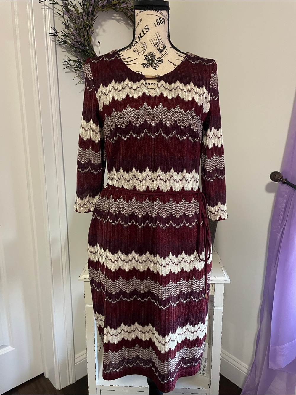 Studio One Maroon and Ivory Zigzag Midi Dress with Side Tie